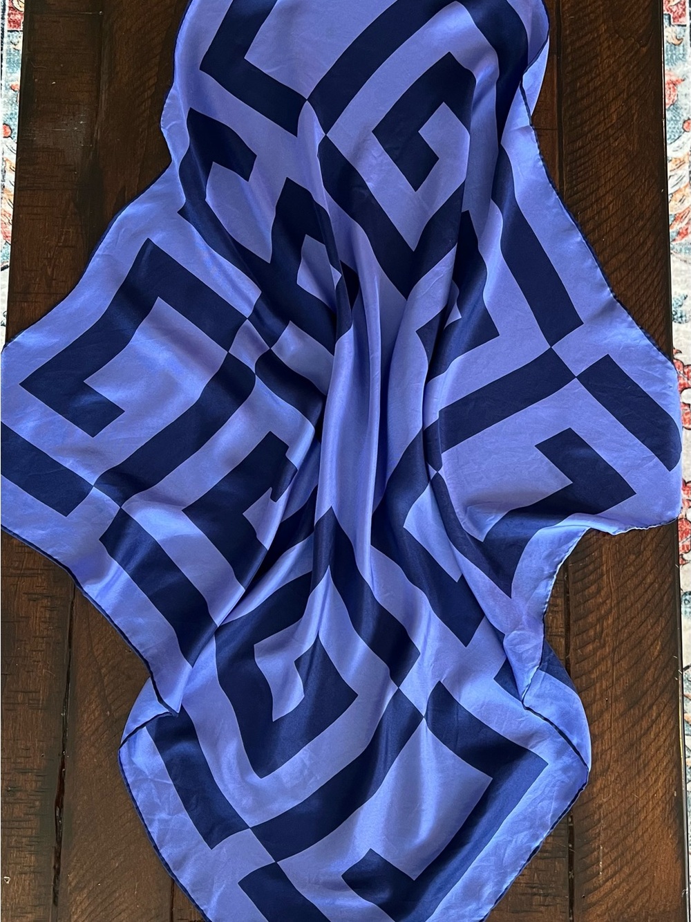Echo 100% Pure Silk Scarf Blue Geometric Greek Key Print 30” Square